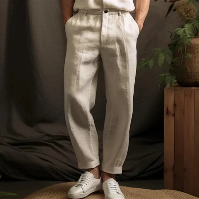 Street-Wave Men's Breathable Linen Blend Casual Trousers For Warm Weather Lightweight Relaxed Fit Linen Pants