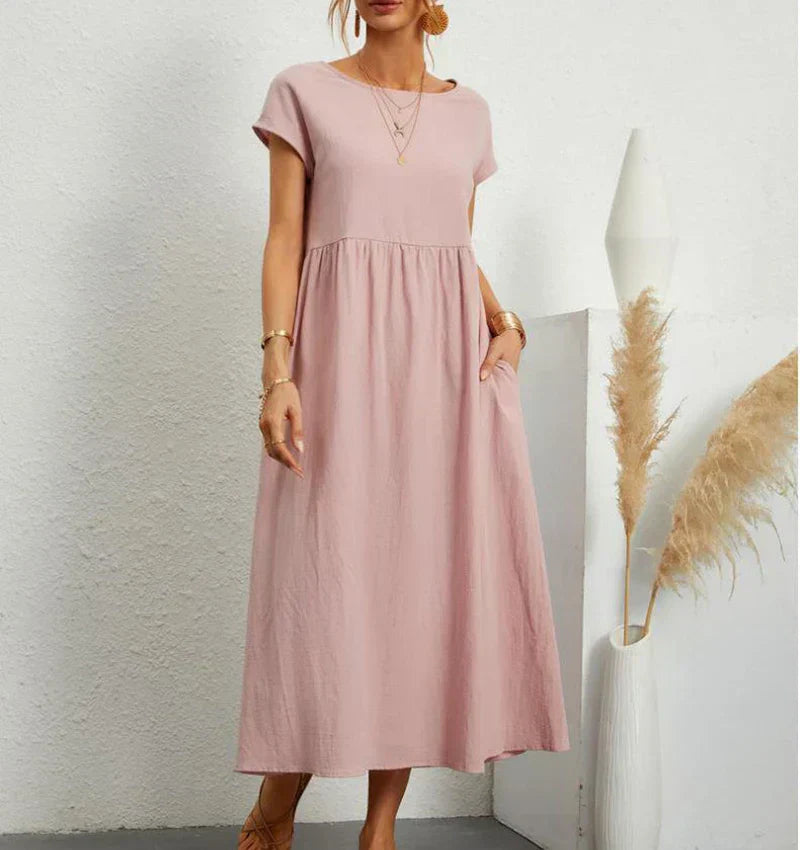 Street Wave Women's Midi Dress With Comfortable Structured Bust Detail Airy Cotton Linen Blend For Everyday Summer Look