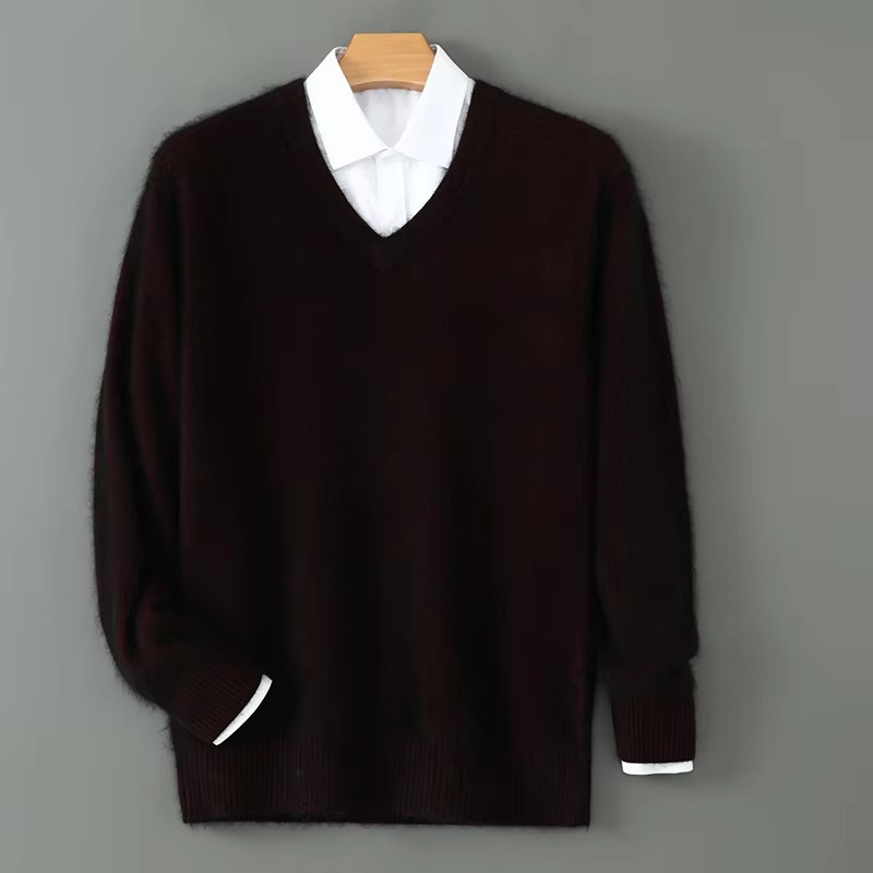 Street-Wave Men's Winter Cashmere Blend V Neck Sweater Loose Fit Plus Size Knitted Pullover For Warmth