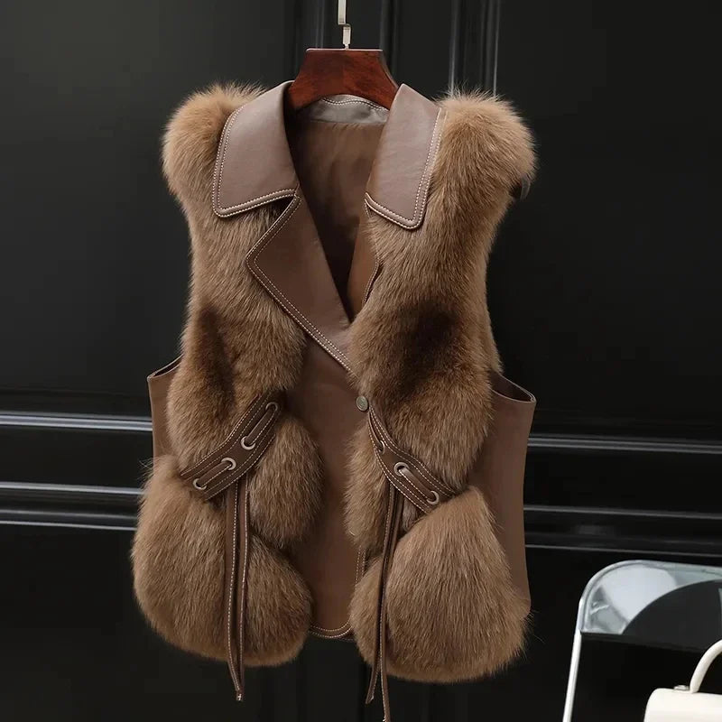 Clara Regular Fit Fur Trim Tie Detail Fur Vest | Collared Sleeveless Fur Vest