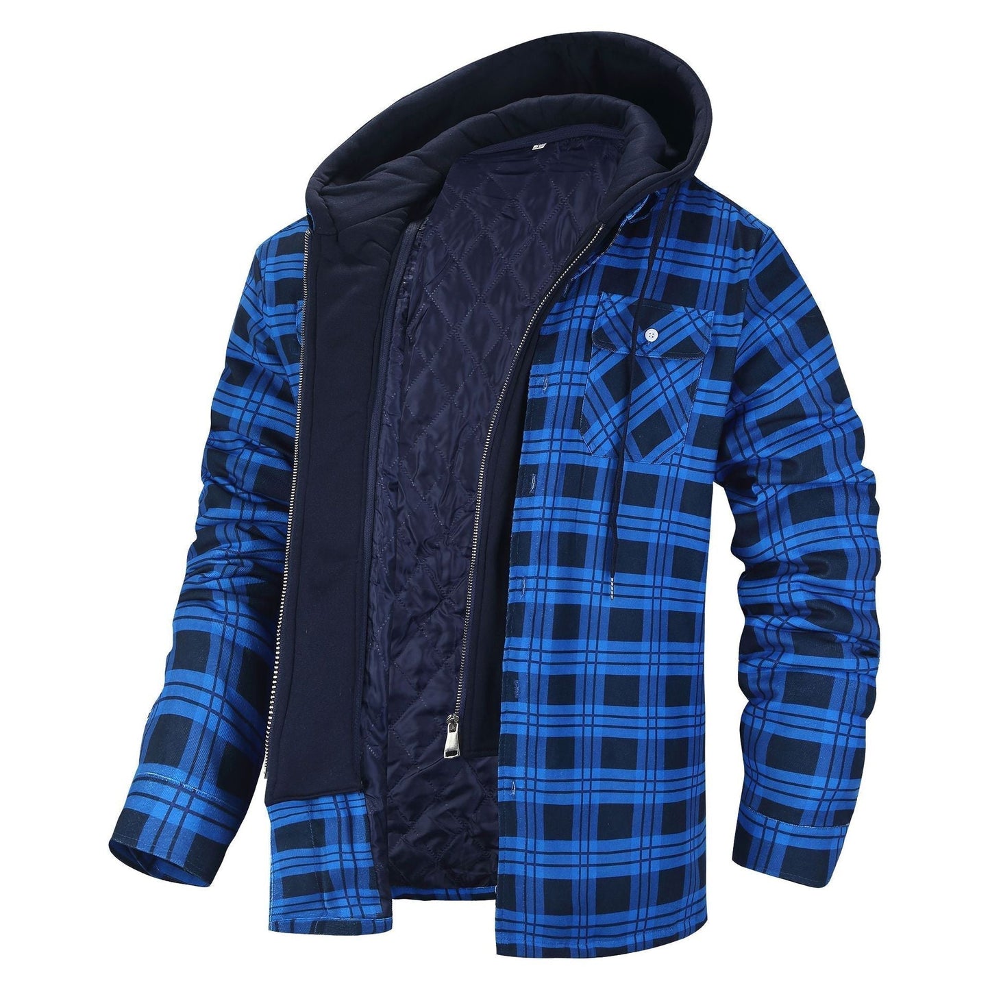 Street Wave Premium Hooded Jacket For Men Plaid Blue Check With Quilted Lining And Front Pockets