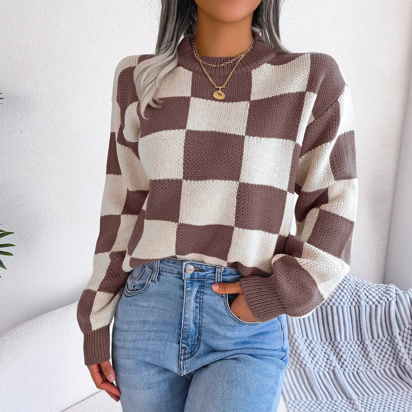 Checkered Knit Sweater Violet Street Wave Unisex Cozy Warmth