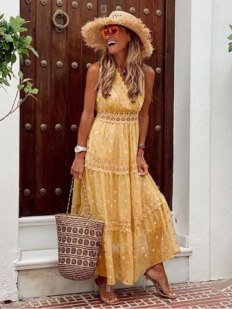 Street-Wave Boho Maxi Dress Sleeveless V-Neck With Lace Details Tiered Polka Dot Skirt Women