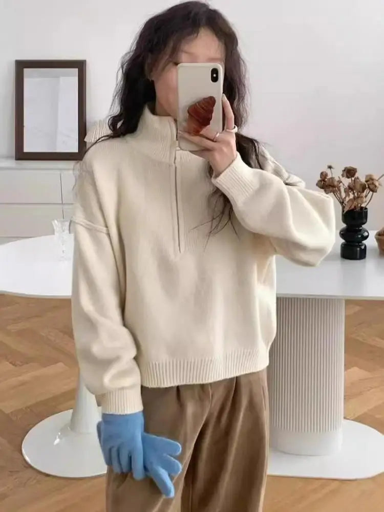 Street-Wave Aurora High Neck Knit Sweater Unisex Half Zip
