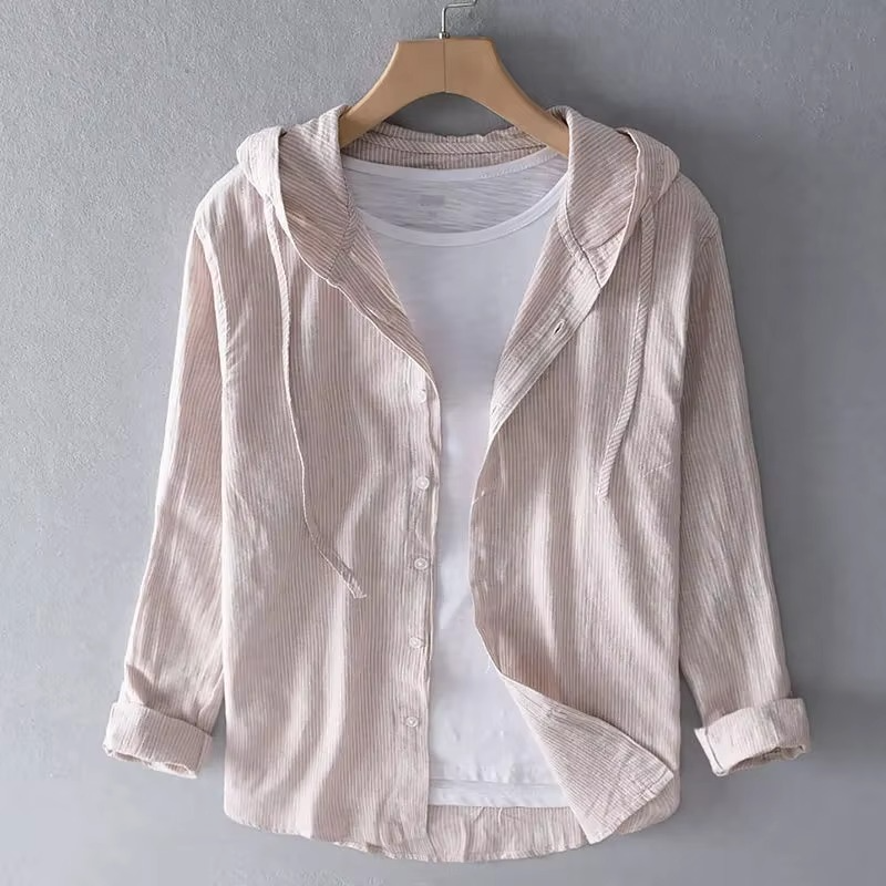 Men's Summer Hooded Long Sleeve Cotton Linen Shirt Lightweight Breathable Relaxed Fit