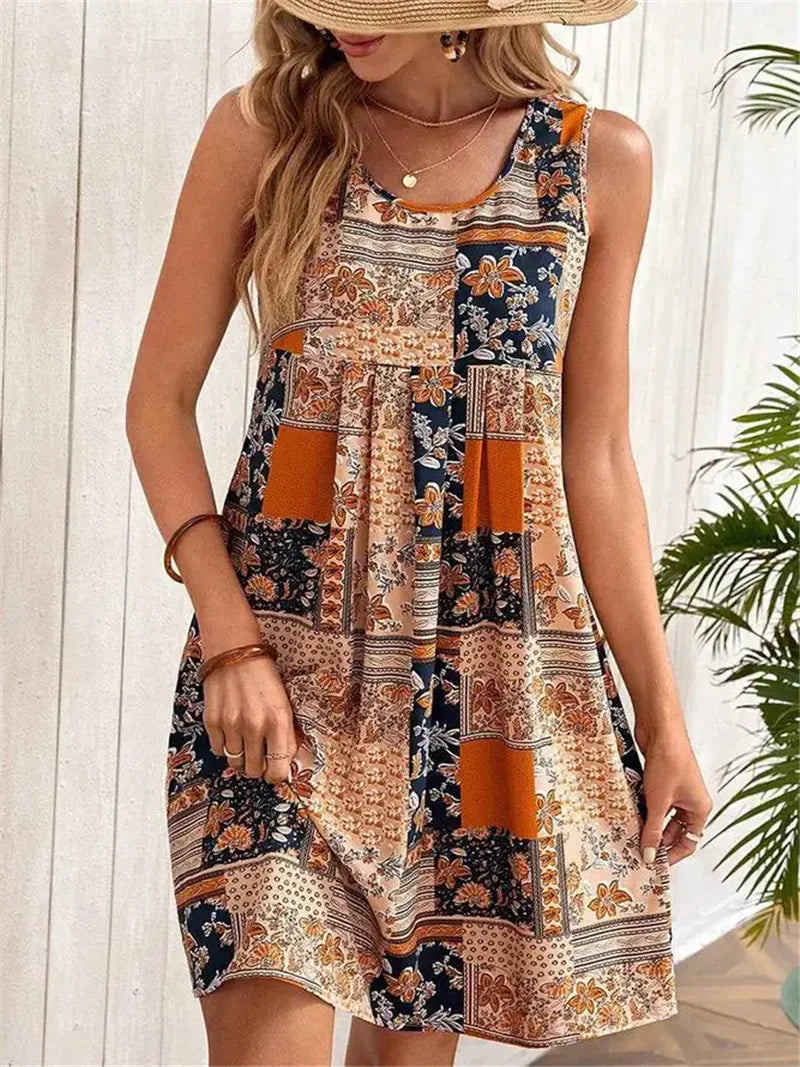 Street-Wave Sleeveless A-Line Dress Women Breezy Patchwork