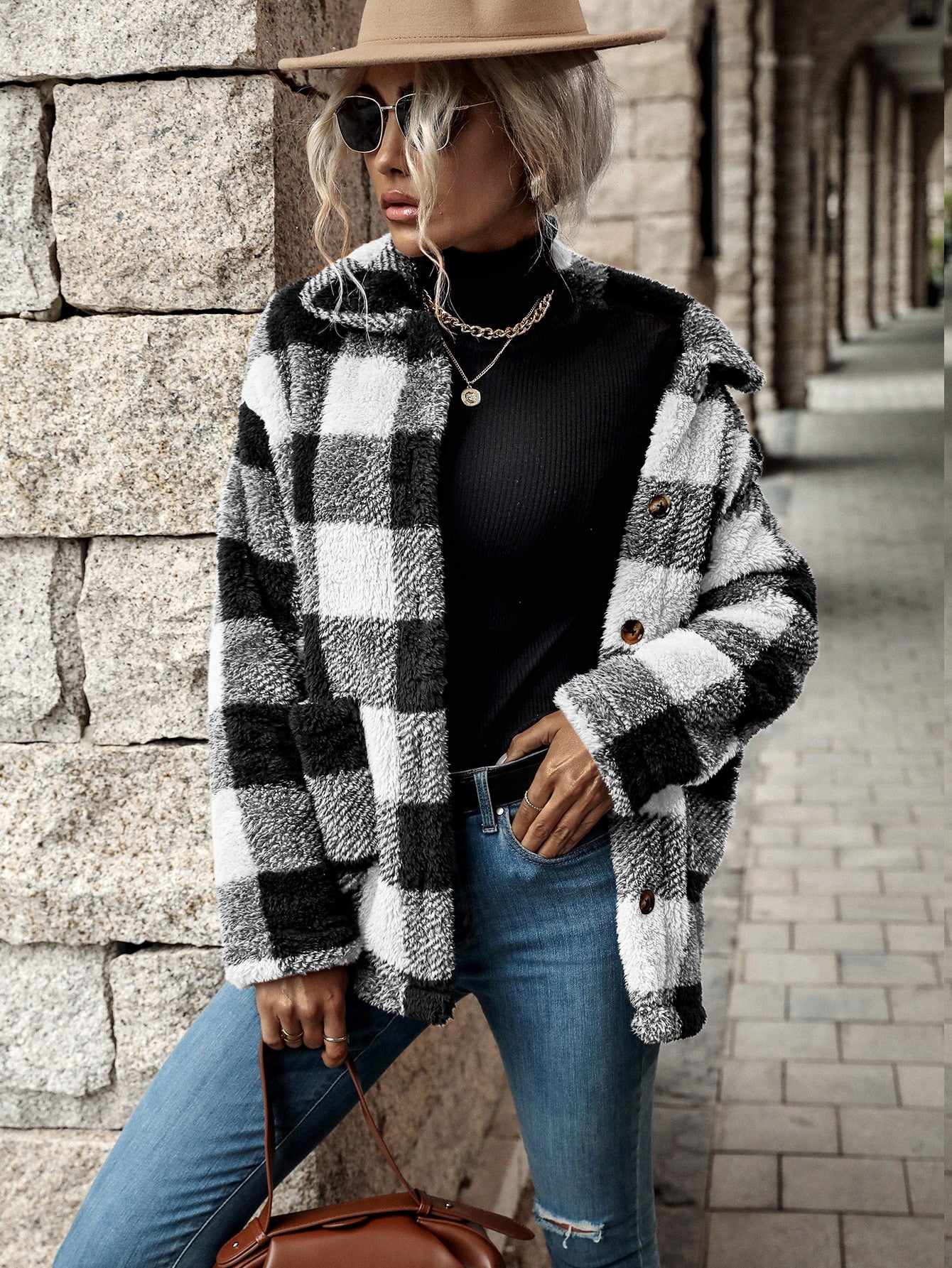 Street-Wave Women Flannel Jacket Plaid With Button Front For Daily Cozy Warm Outerwear