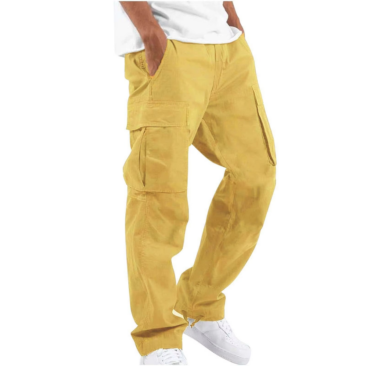 2025 Men's Solid Cargo Pants With Multi Pocket Design And Adjustable Drawstring For Everyday Comfort