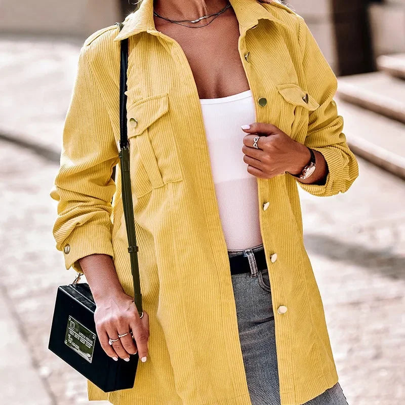 Street-Wave Velour Jacket For Women In Vibrant Yellow With Button Closure And Pockets