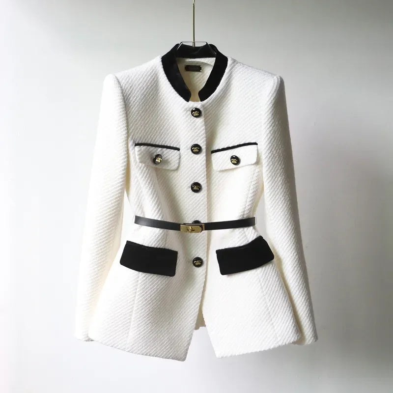 Street-Wave Women's Wool Coat Slim Fit Belted With Gold Button Details Hip-Length