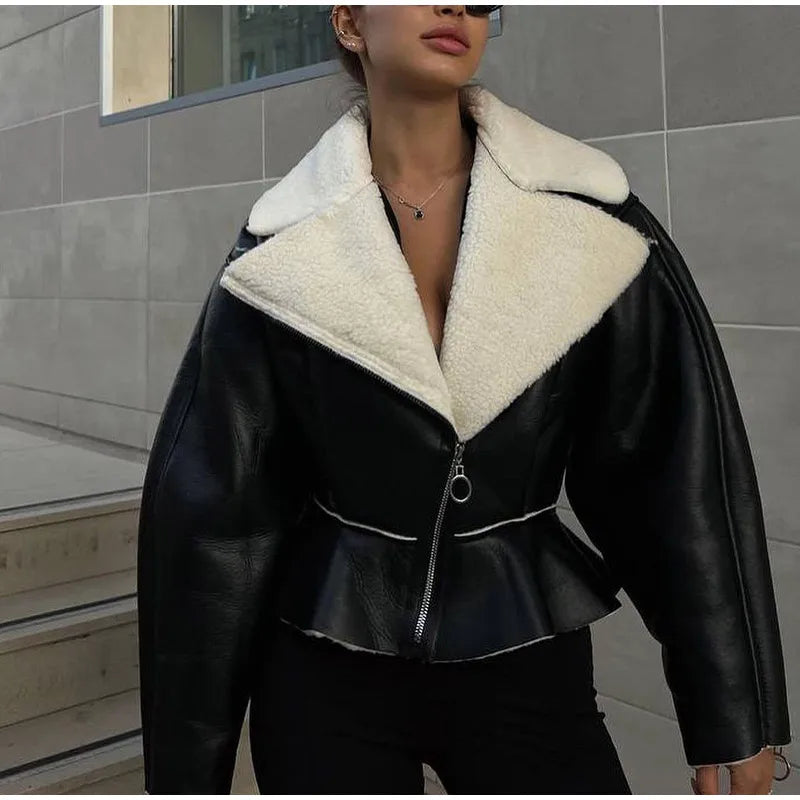 Street-Wave Fleece Jacket Cropped Fit With Shearling Collar Patchwork Design Women's Winter Warmth
