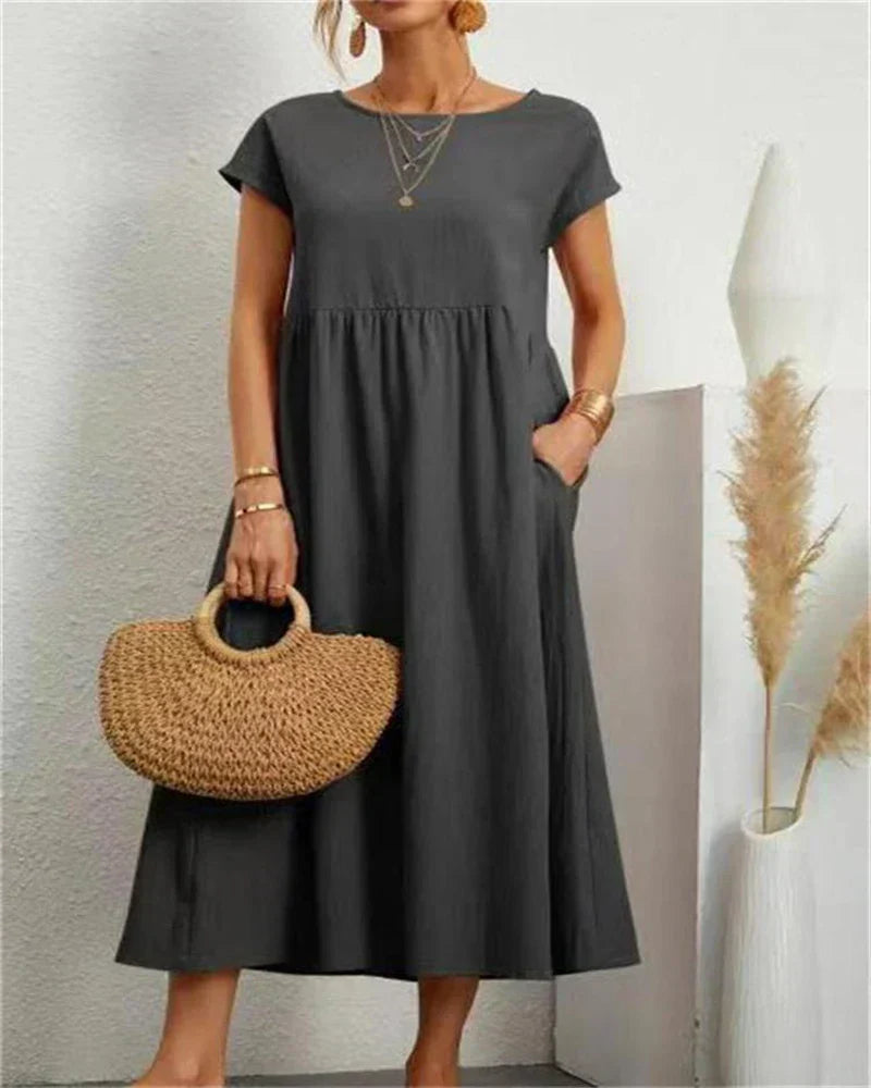 Street Wave Women's Midi Dress With Comfortable Structured Bust Detail Airy Cotton Linen Blend For Everyday Summer Look