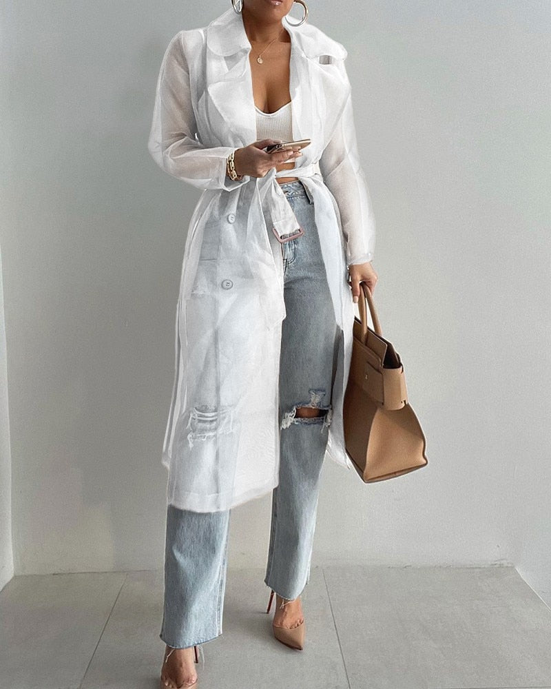 Street-wave Sheer Trench Coat Transparent Outerwear For Fashion Forward Women With Bold Style