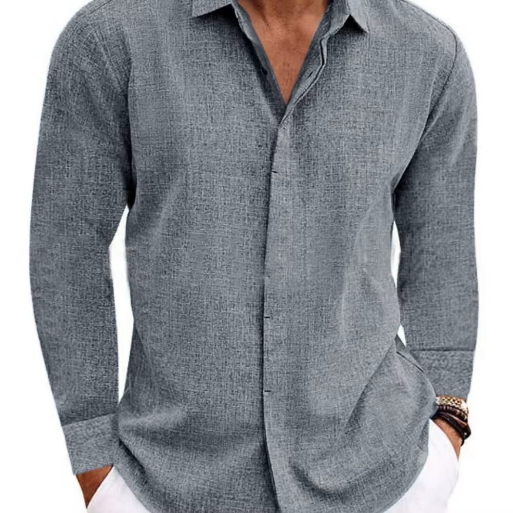 Street-Wave Men's Solid Color Linen Long Sleeve Button Down Shirt For Everyday Casual Wear