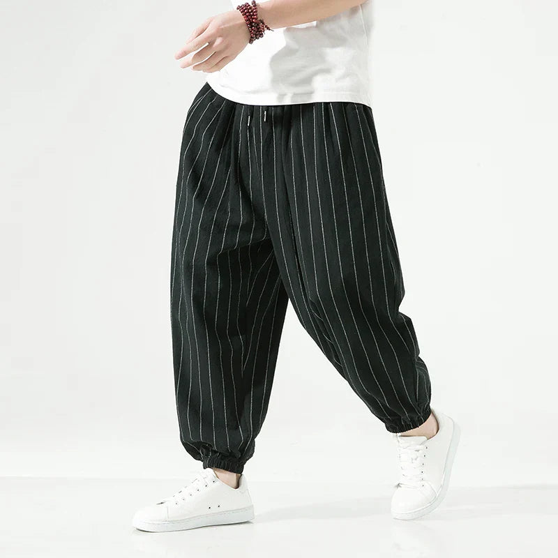 Street-Wave Premium Cotton Striped Trousers For Men With Pinstripe Detailing And Elastic Waistband