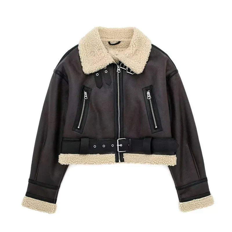 Street Wave Short Shearling Jacket With Warm Wool Lining For Women Oversized Fit Zip Closure