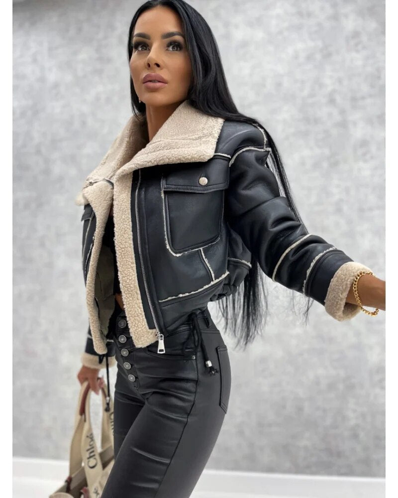 Street Wave Sophie Short Leather Jacket With Teddy Fur Lining For Women Cozy Chic Ethical Fashion