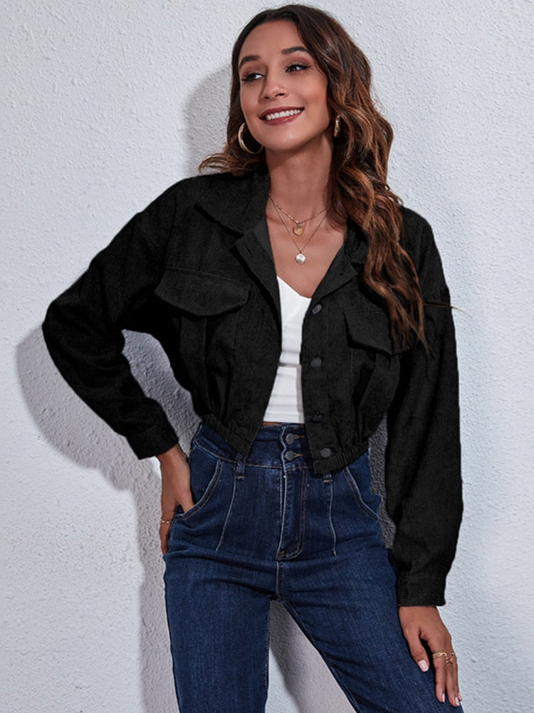 Street-wave Women's Solid Corduroy Coat with Elastic Hem Cropped Fit - Chic Everyday Outerwear