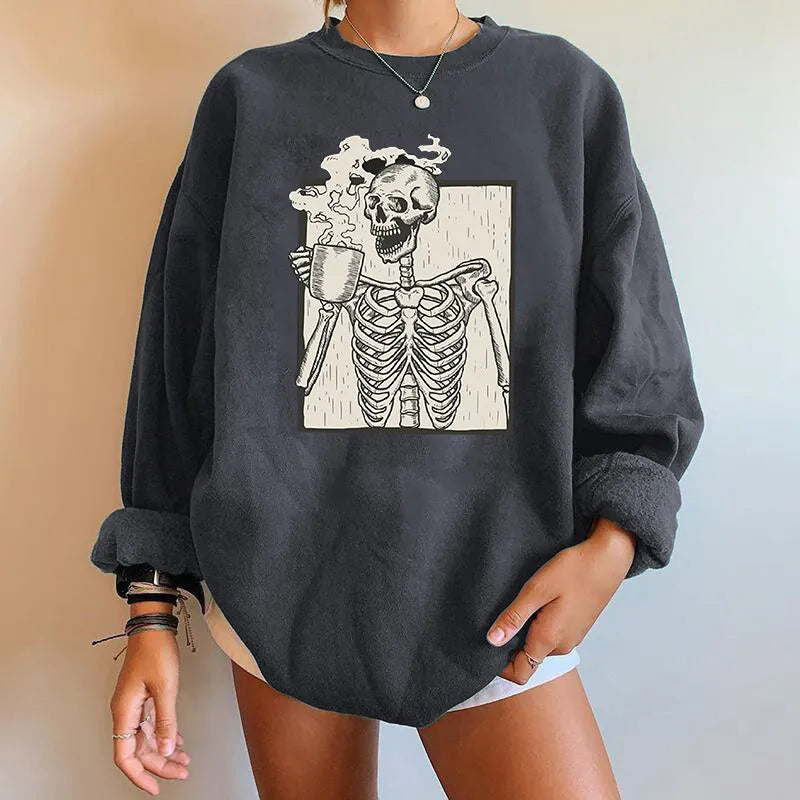 Street-Wave Lilac Halloween Sweatshirt Cozy Loose Fit Graphic Skeleton Print For Autumn Party Goers