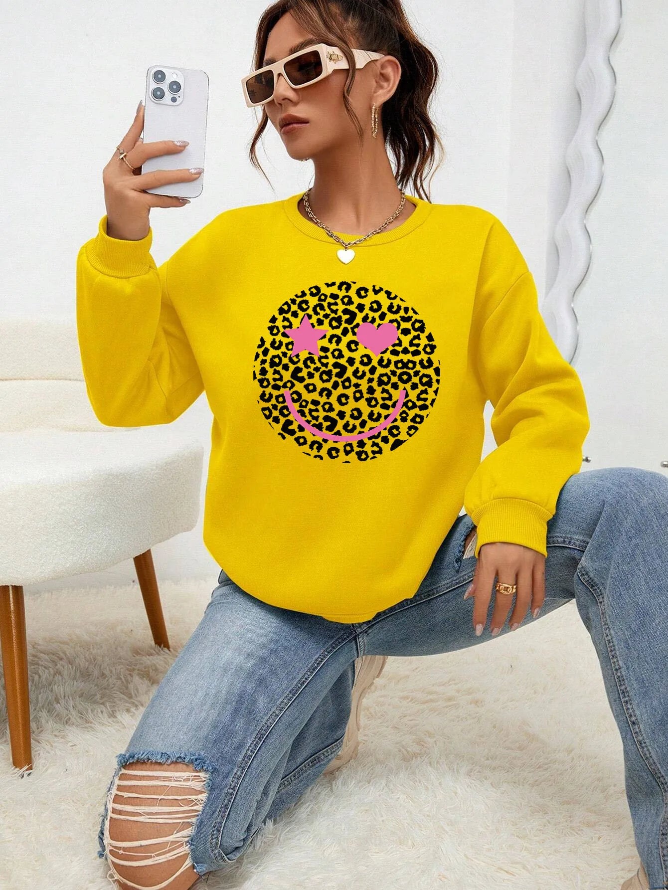 Street-wave Leopard Print Sweatshirt For Women Cotton Blend Comfortable Trendy Everyday Wear