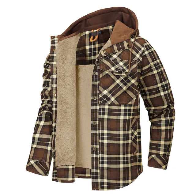 Street Wave Warm Plaid Shirt Jacket With Hood Lined Sherpa For Outdoor Adventurers