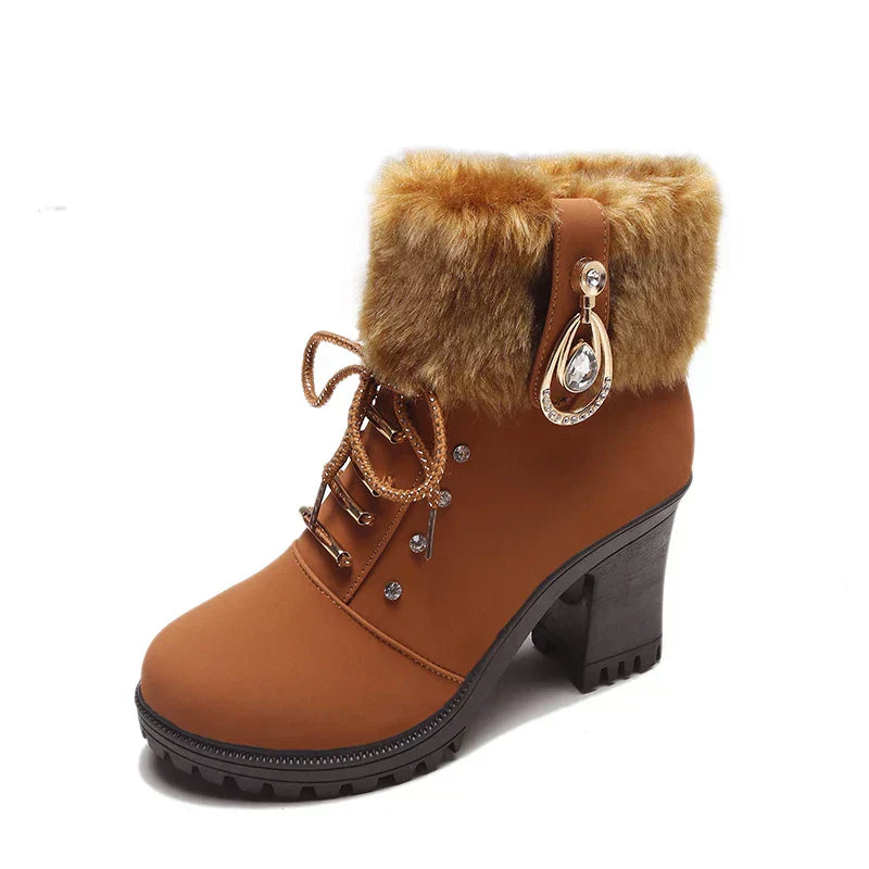 Street-wave British Style Fur Trim High Heel Ankle Boots With Side Zip For Women