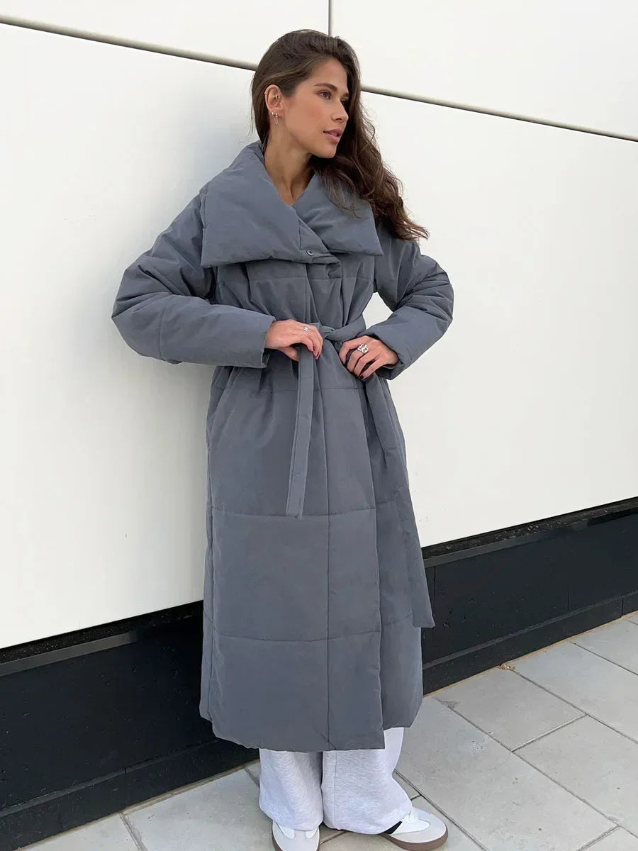 Street Wave Long Puffer Parka For Women With Belt Quilted Winter Coat Tailored Fit