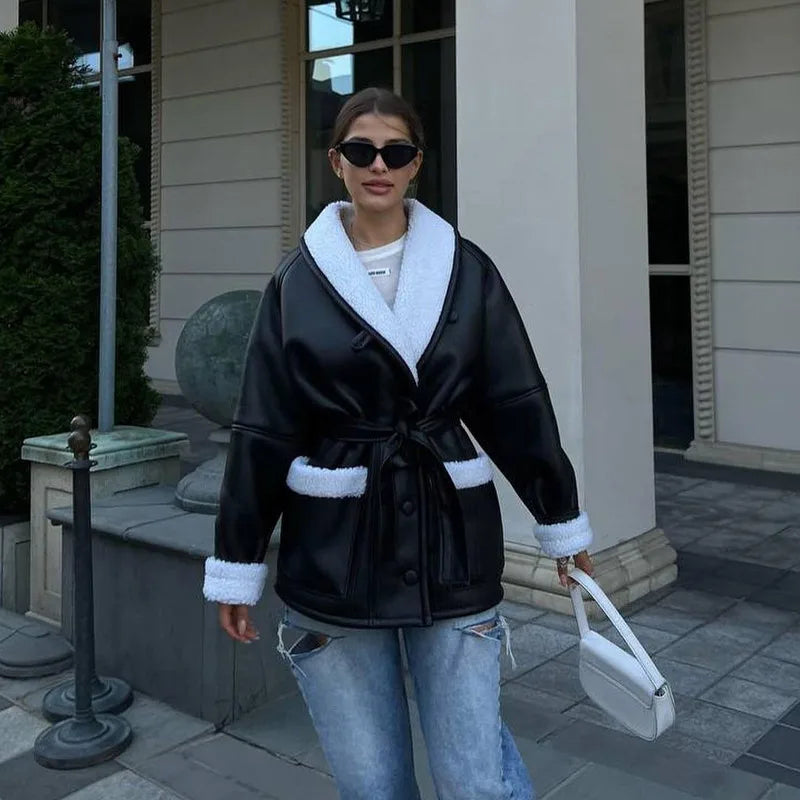 Street-wave Belted Leather Jacket For Women With Shearling Trim Flattering Silhouette, Modern Versatile Style