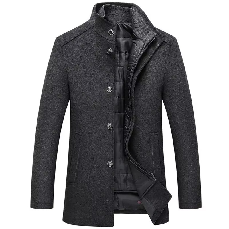 Street-Wave Mens Navy Long Wool Coat With Stand Collar And Detachable Vest For Winter Warmth