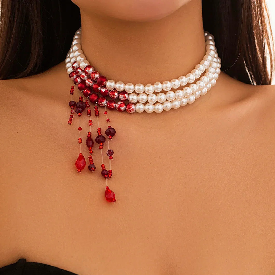Crimson Cascade Pearl Choker - Street-Wave