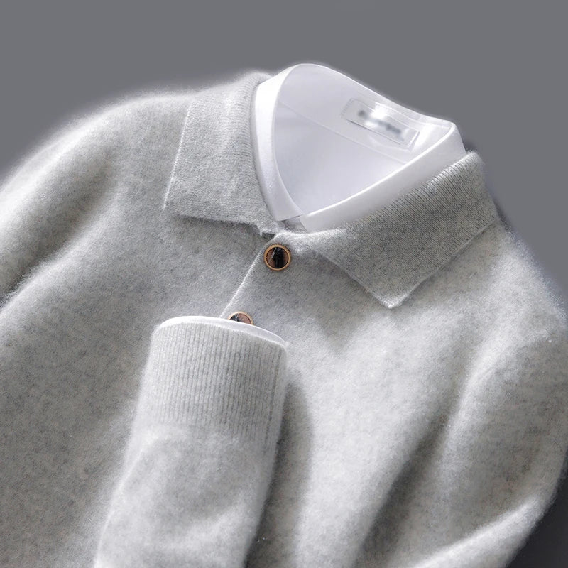 Nordisk Flair Mens Pullover Sweatshirt Wool Knit Relaxed Fit Polo Collar Button Detail