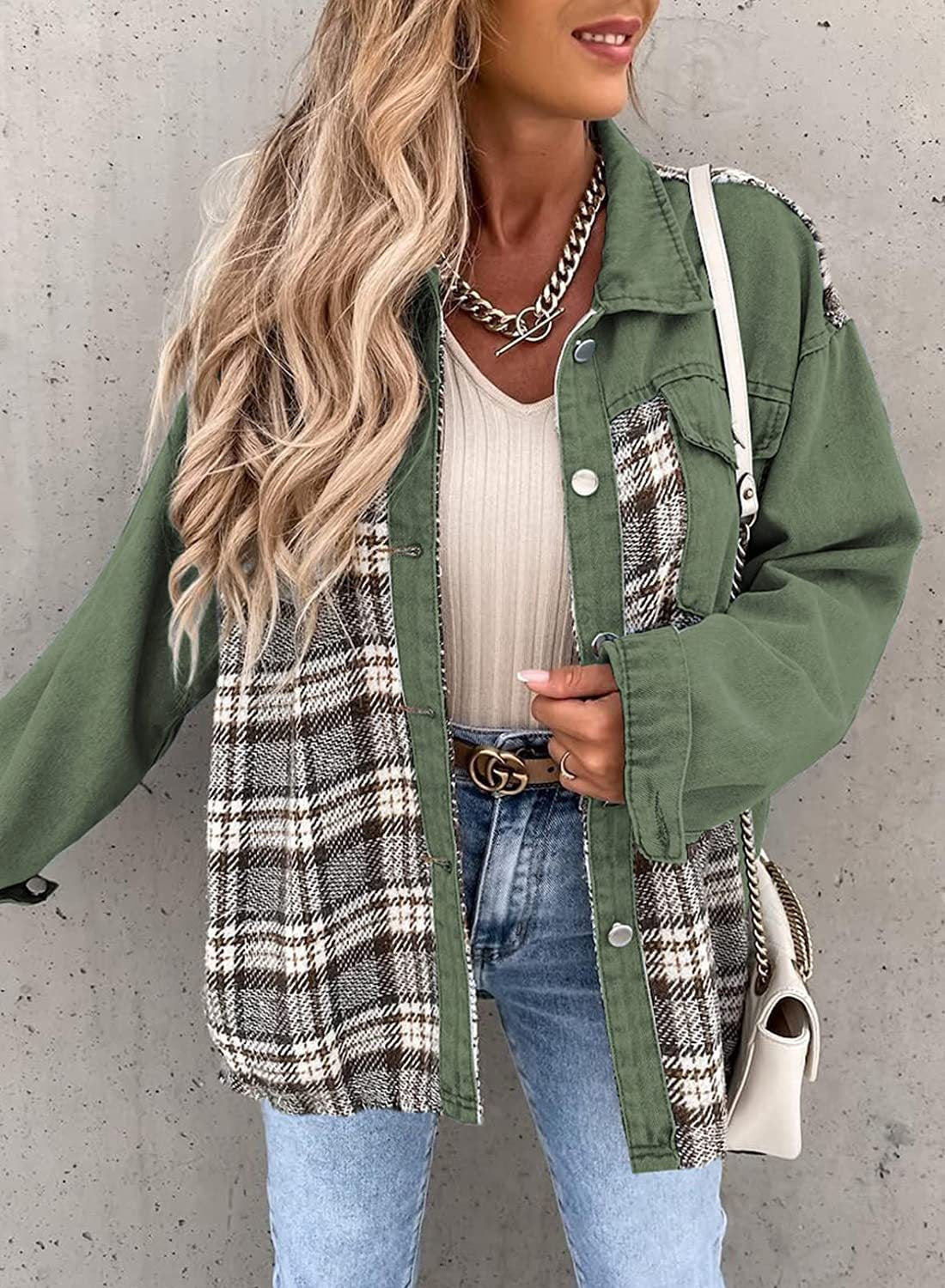 Denim Jacket With Button Front And Plaid Panel Versatile For Women Rosalind By Street Wave