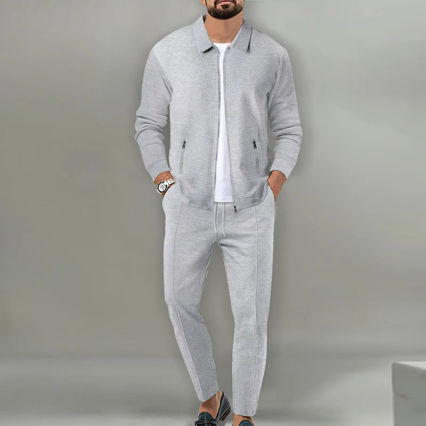 Street-Wave Mens Two Piece Long Sleeve Polo Jacket Shirt With Matching Drawstring Pants Set For Everyday Comfort