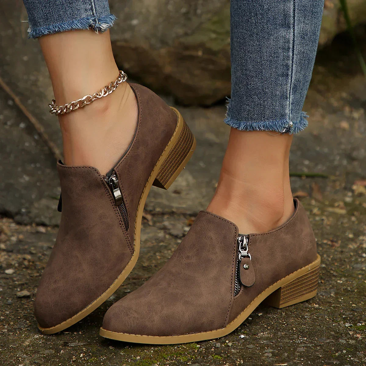 Women's Zip-Up Ankle Boots with Sturdy Sole and Versatile Design