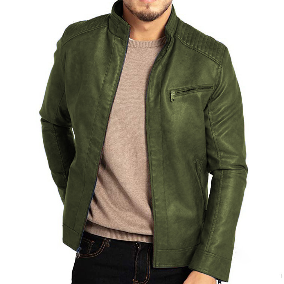 Street-wave PU Leather Jacket For Elegant Men With Stand Collar And Zip Pockets Premium