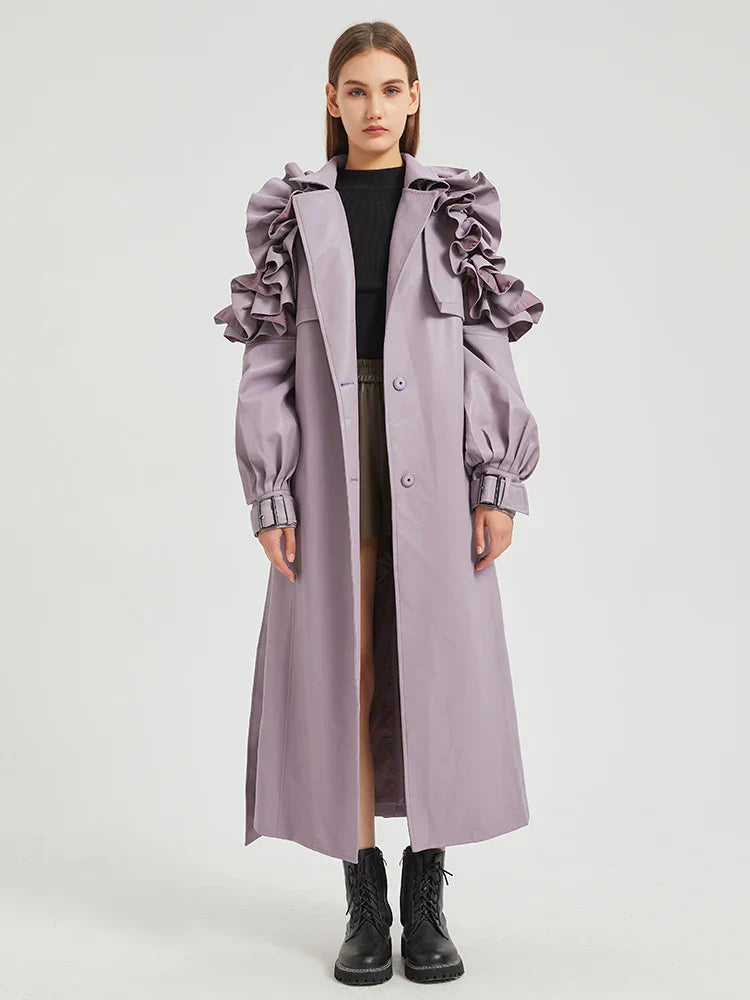 Street Wave Faux Leather Coat With Dramatic Ruffle Sleeves Belted Waist For Bold Women
