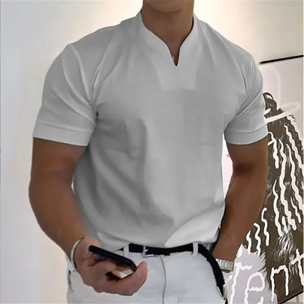 Men's Summer V Neck Short Sleeve T Shirt Elastic Cotton Athletic And Casual Fit Breathable