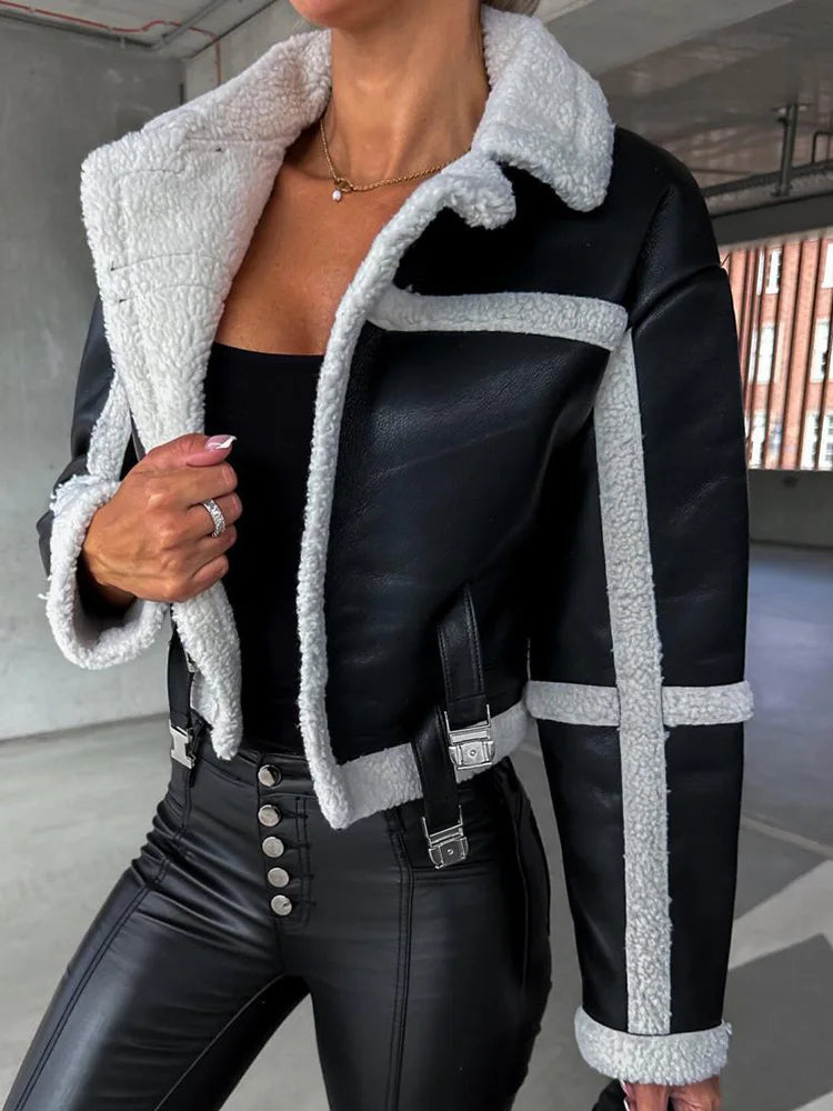 Street-wave Vegan Leather Jacket For Women With Shearling Trim Windproof Warmth Cozy