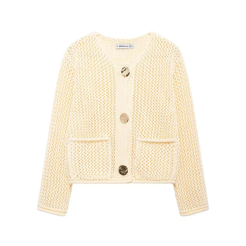Street-wave Mesh Knit Cardigan With Front Pockets Gold Buttons Airy Chic Layer For Women