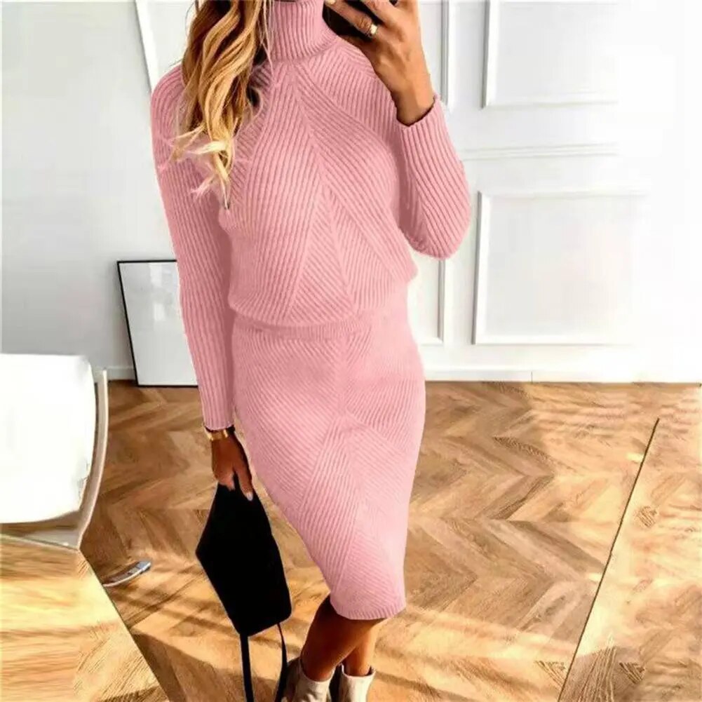 Street-Wave Knit Rollneck Sweater Skirt Set For Women, Soft Luxury Knit, Classic Chic Outfit