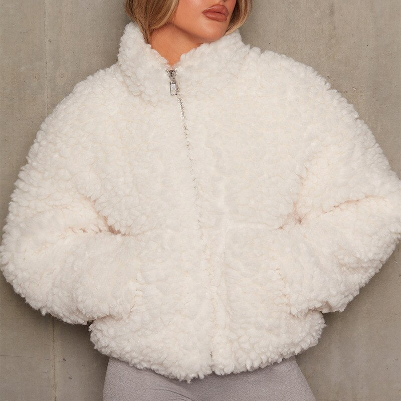 Street-wave Teddy Cropped Jacket For Women Cozy Faux Shearling Zip Front Outerwear Must Have