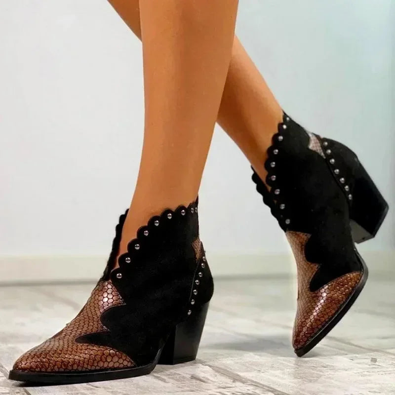 Street-Wave Western Ankle Boots With Snake Skin Accent And Embroidered Wave Trim Low Block Heel For Women