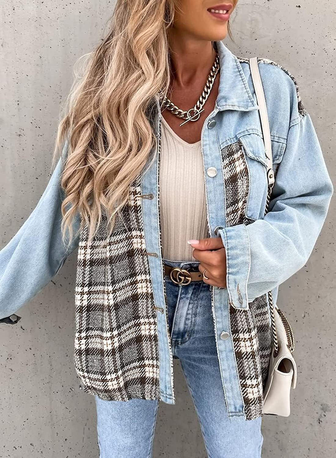 Denim Jacket With Button Front And Plaid Panel Versatile For Women Rosalind By Street Wave
