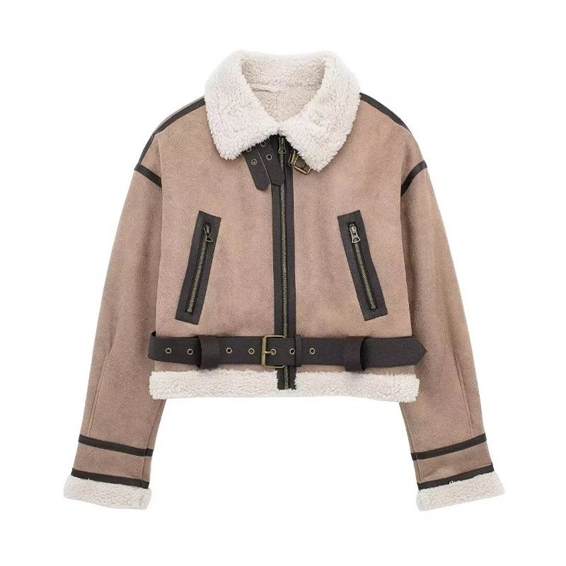 Street Wave Short Shearling Jacket With Warm Wool Lining For Women Oversized Fit Zip Closure