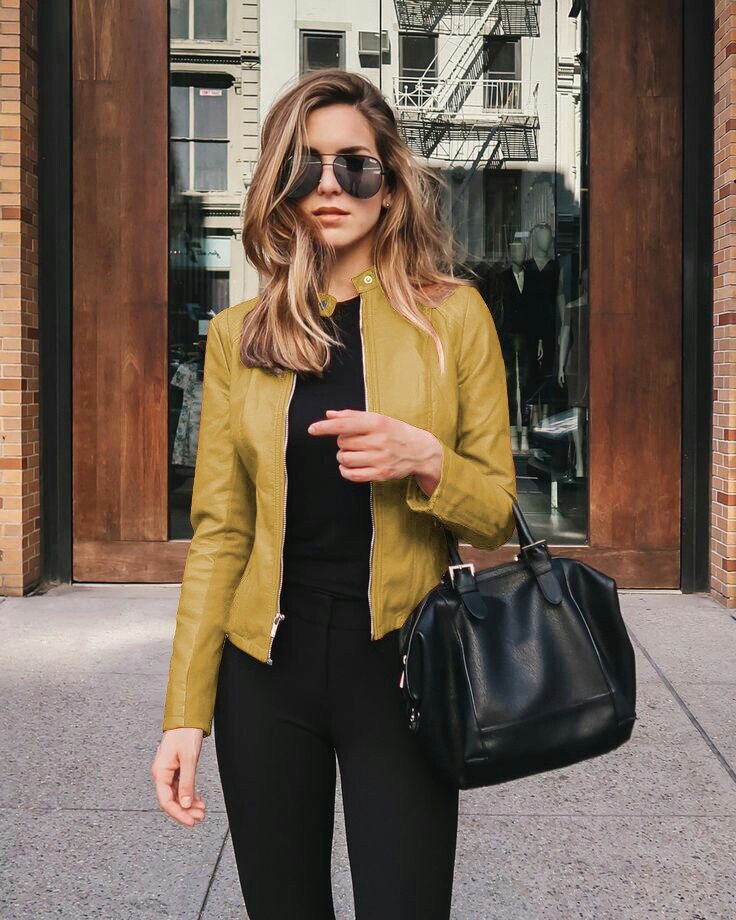 Street-wave Women Slim Fit Leather Jacket With Stand Collar For Urban Chic Minimalist Style