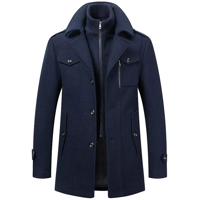 Street-Wave Men's Mid Length Wool Trench Coat With Double Collar Zipper Overcoat For Fall And Winter