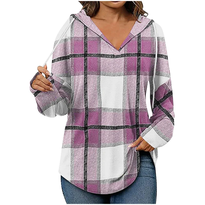 Street Wave Ruby Cozy Oversized Hoodie V Neck Plaid Grid For Women