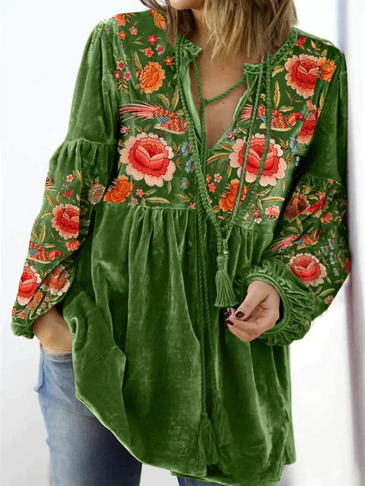 Camilla Vintage Floral Velvet V Neck Pullover For Women Boho Chic Essential Soft Velvet Texture