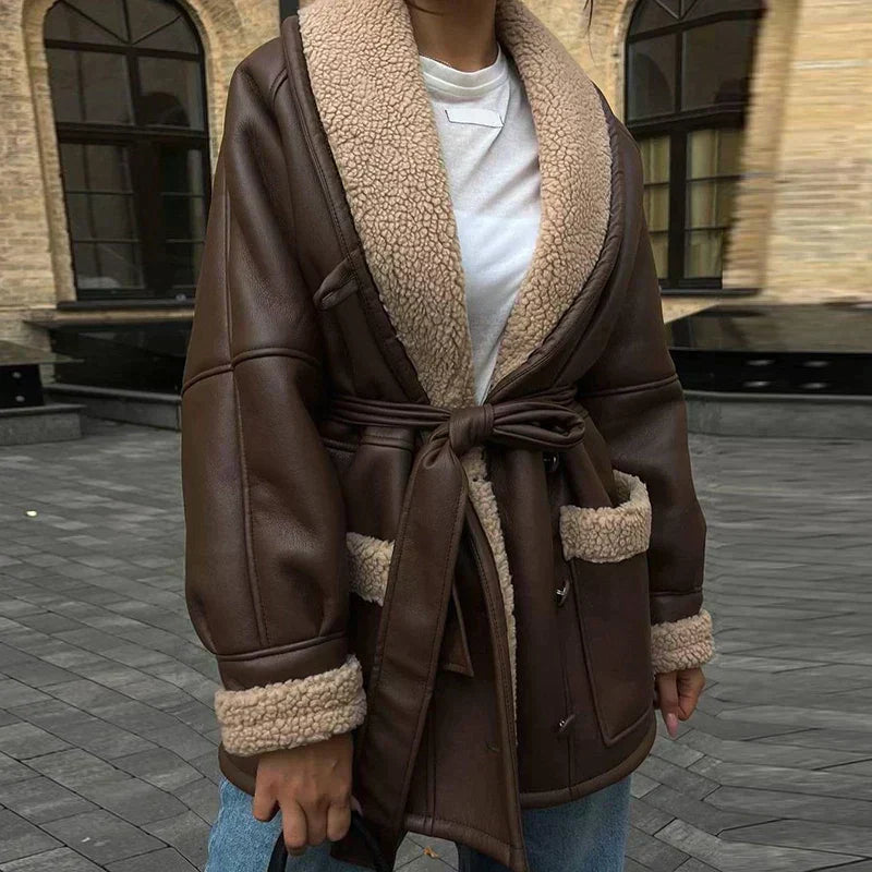 Street-wave Belted Leather Jacket For Women With Shearling Trim Flattering Silhouette, Modern Versatile Style