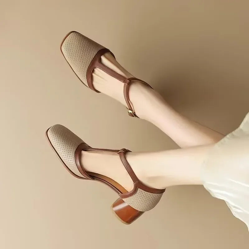 Women's T-Strap Block Heel Shoes with Square Toe and Mid Heel